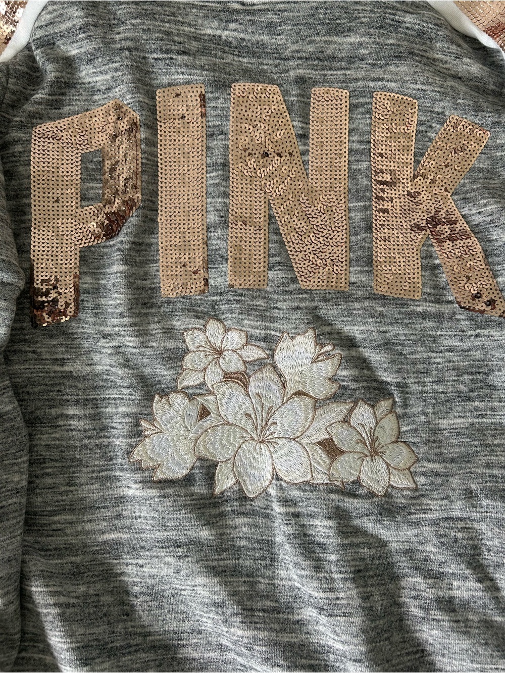 PINK Victoria's Secret Gray Hoodie with Rose Gold Sequin and Floral Logo
